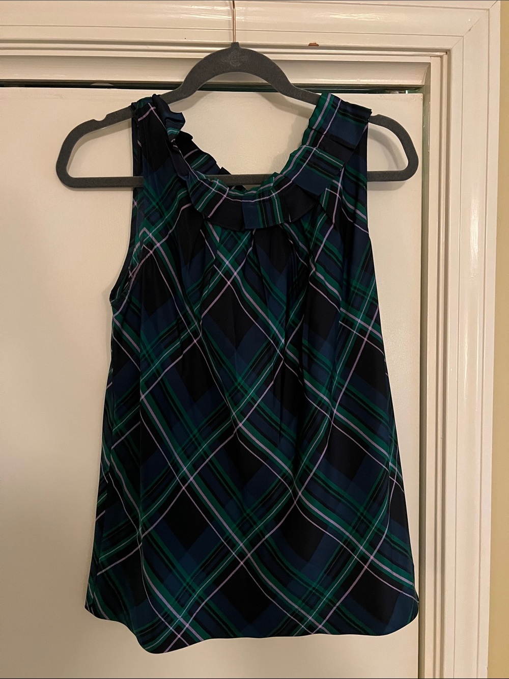 Talbots Navy and Green Plaid Ruffle Neck silk Camisole 12